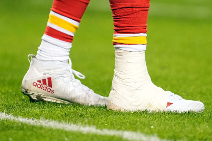 Chiefs quarterback Patrick Mahomes played the second half of the AFC division playoff game against the Jaguars with a heavily taped right ankle.